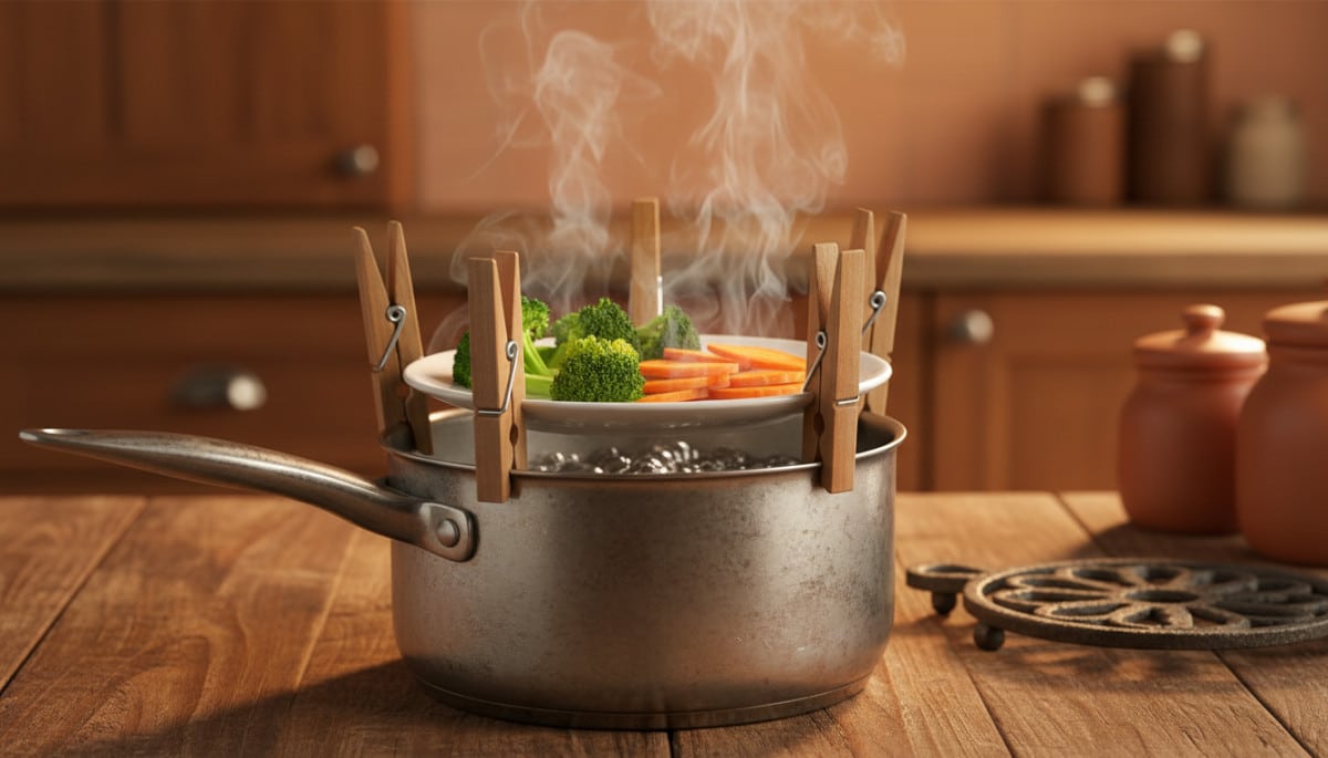 assiette maintenue par pinces dans casserole vapeur légumes
