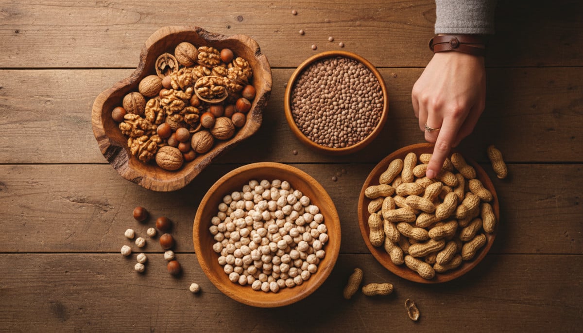 Assortiment de noix et légumineuses sur table rustique