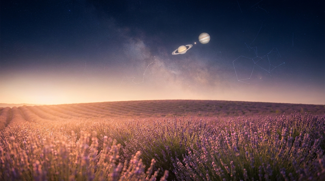 Ciel étoilé avec Saturne et Jupiter au-dessus d'un champ de lavande