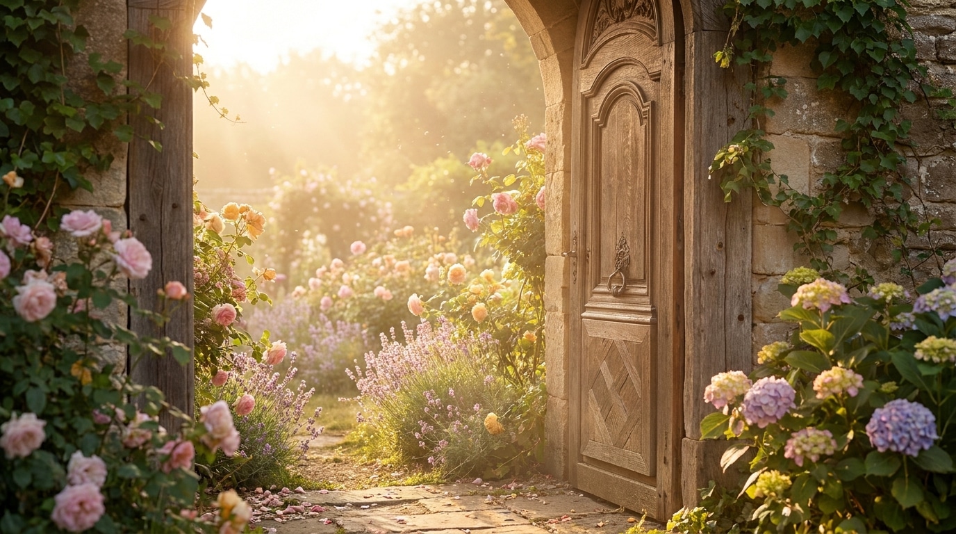 Porte en bois ouverte sur un jardin fleuri baigné de lumière dorée