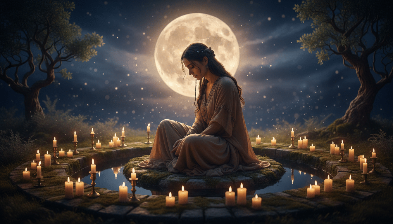 Femme en méditation sous une pleine lune dorée
