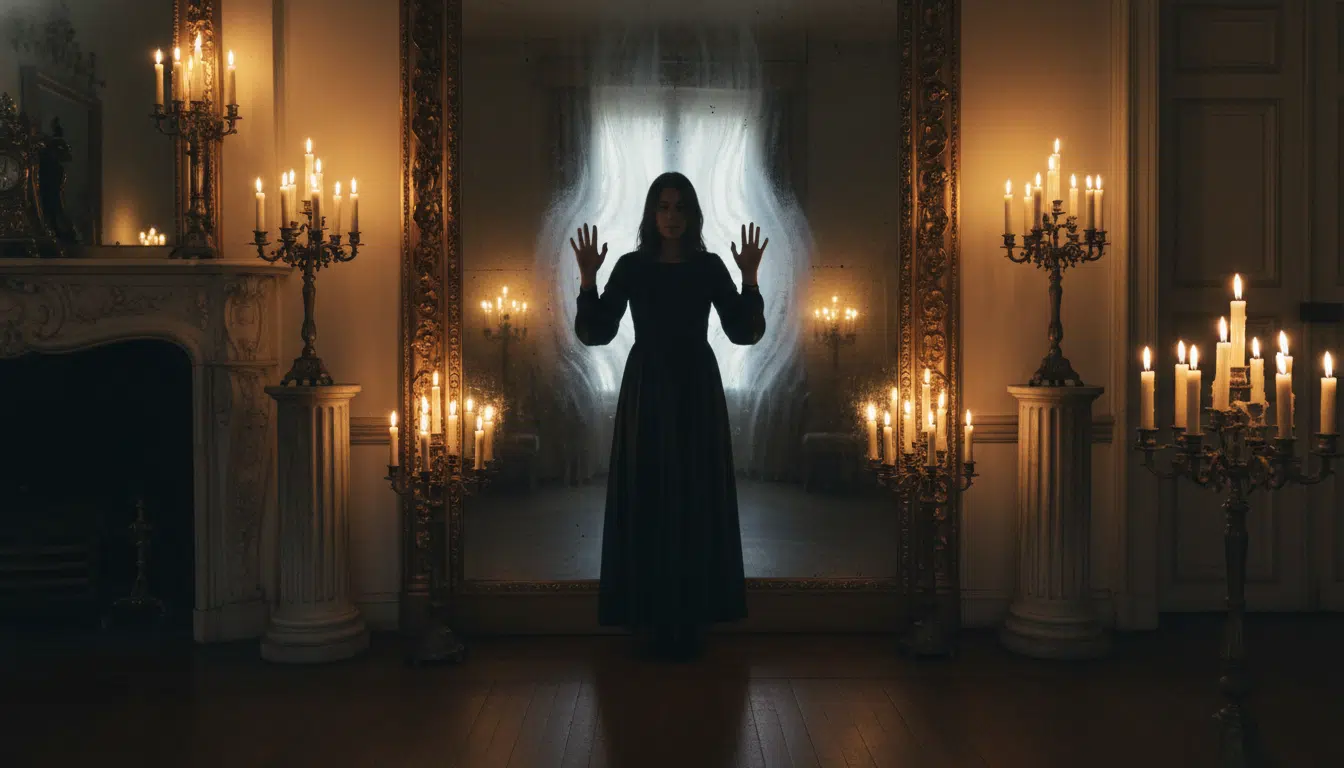 Personne contemplant son reflet dans un miroir sombre