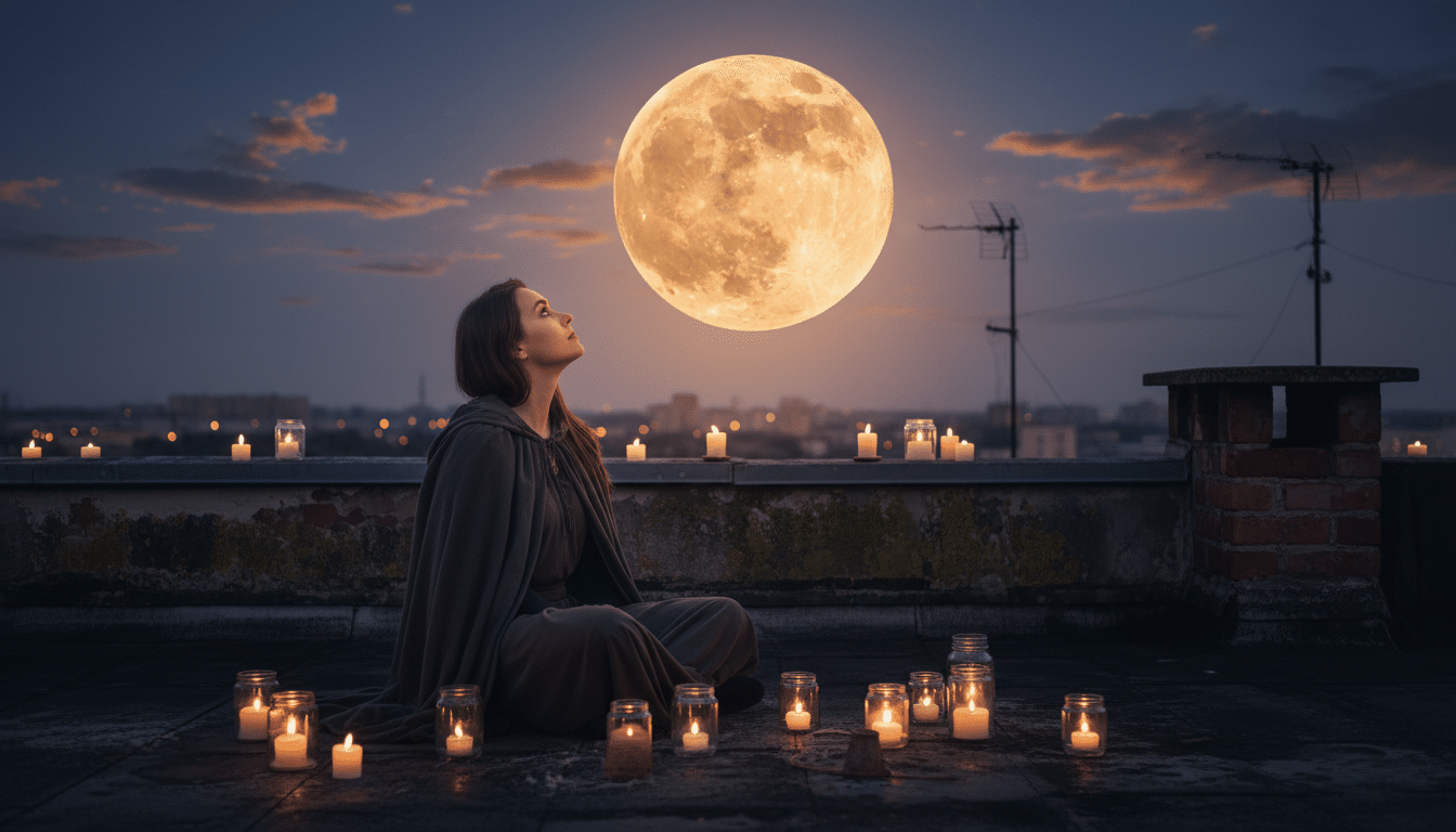 Personne contemplant la pleine lune au crépuscule