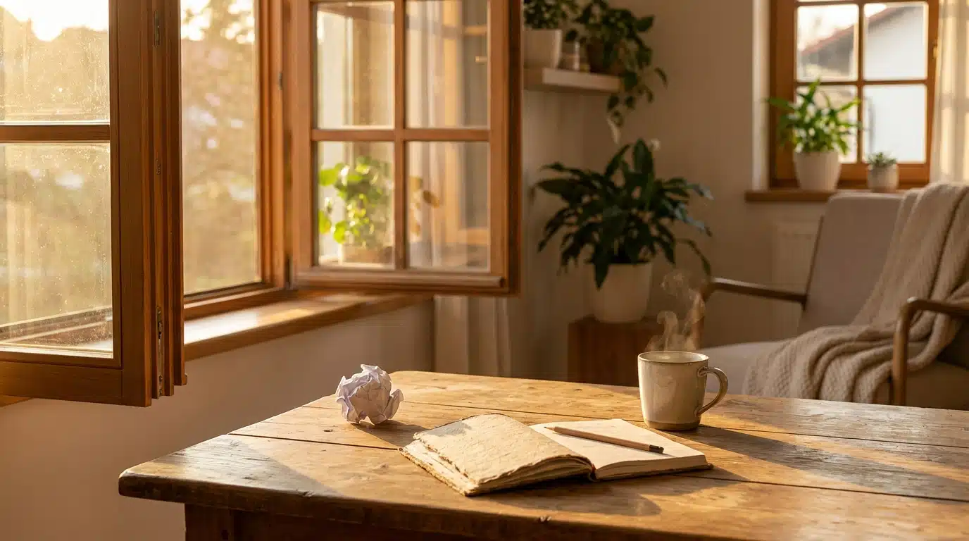 Papier froissé sur une table en bois près d'une fenêtre ensoleillée
