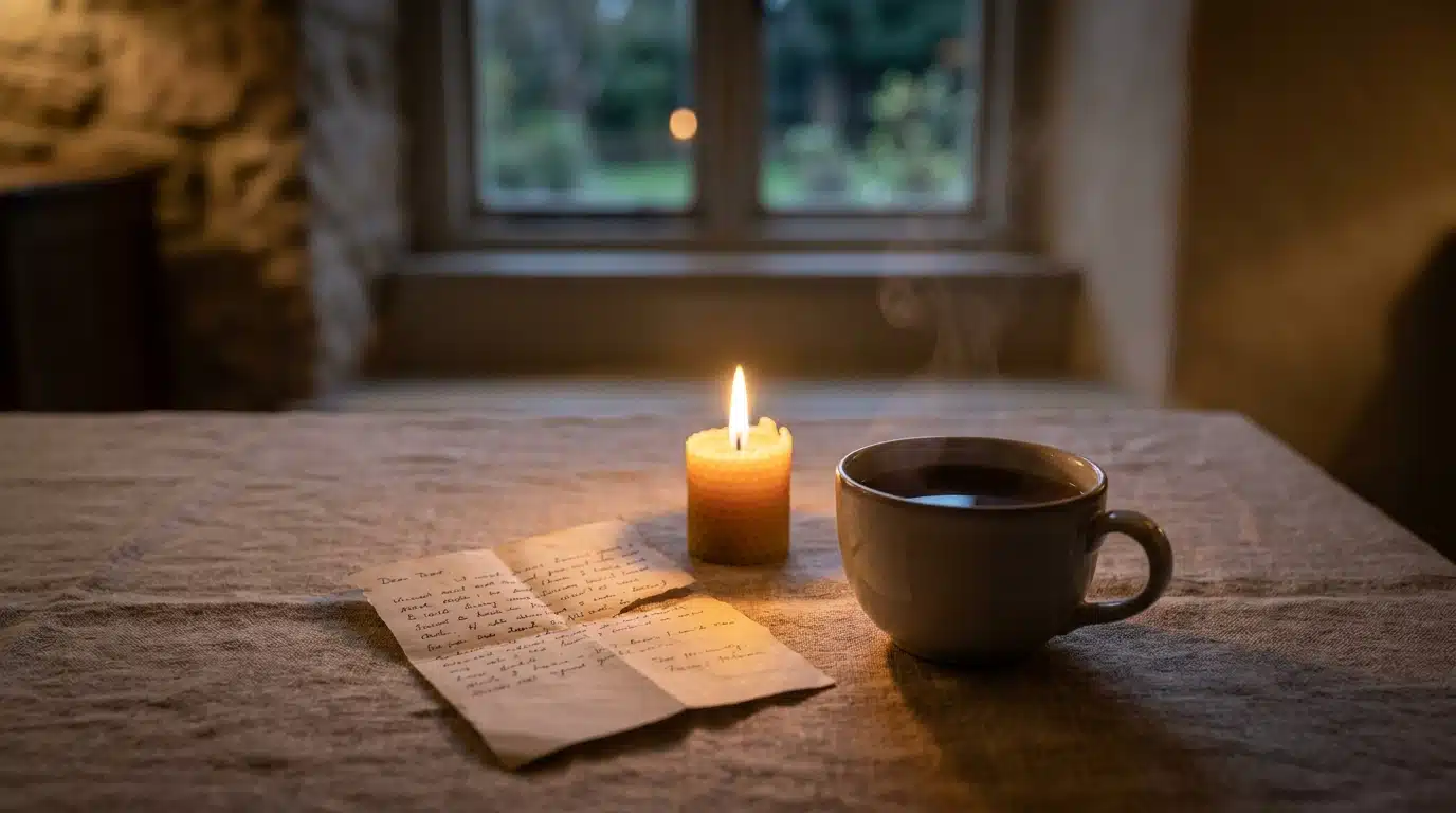 Note déchirée à côté d'une bougie allumée le soir