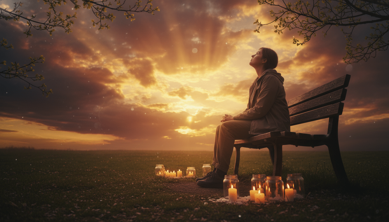 Personne contemplative sous un ciel printanier doré