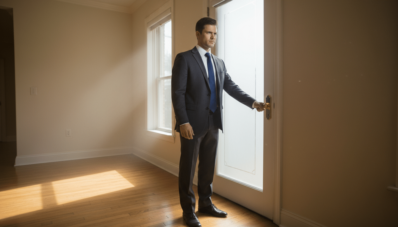 Personne hésitante devant une porte de bureau fermée