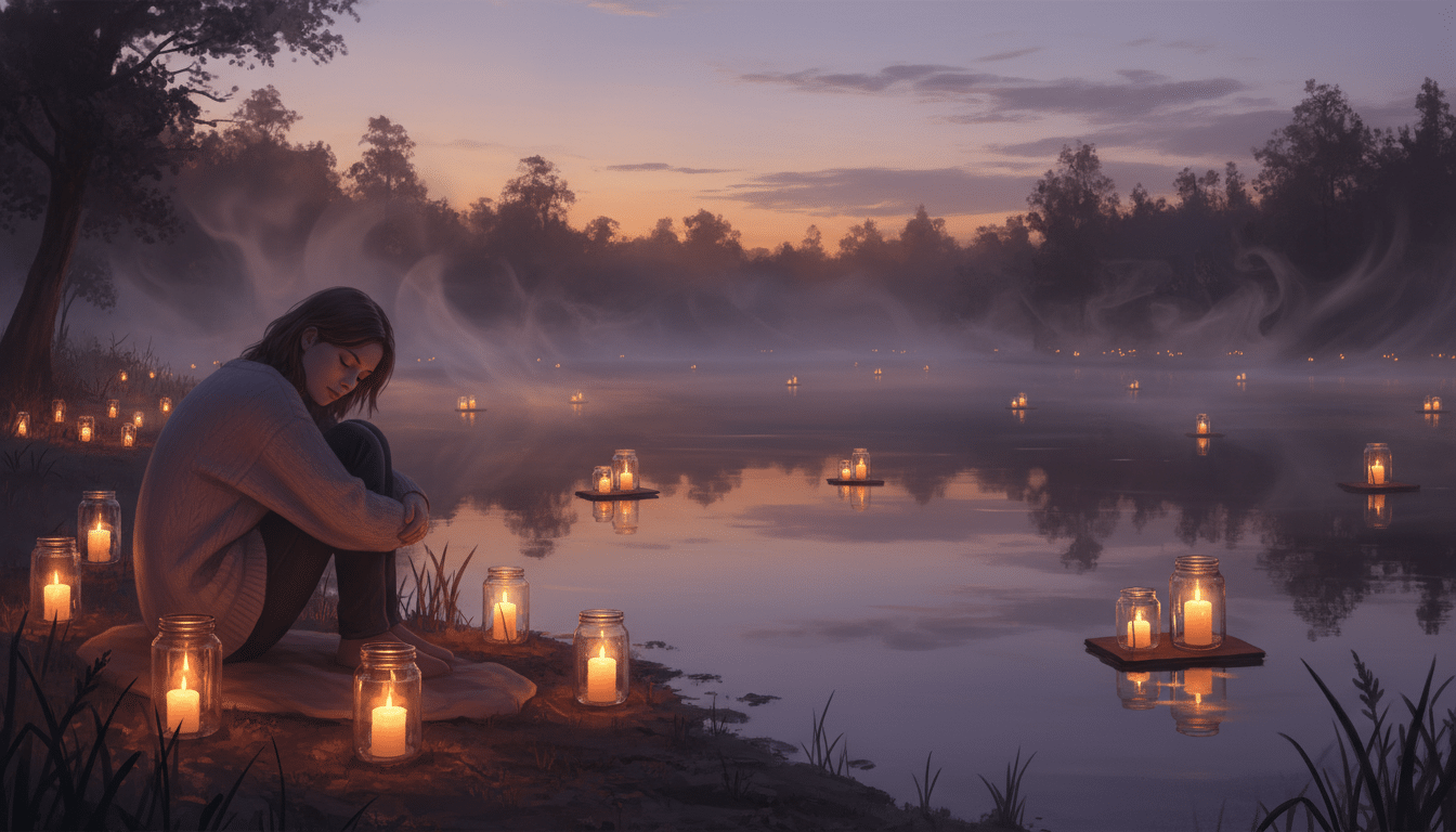 Personne méditative au bord d'un lac au crépuscule