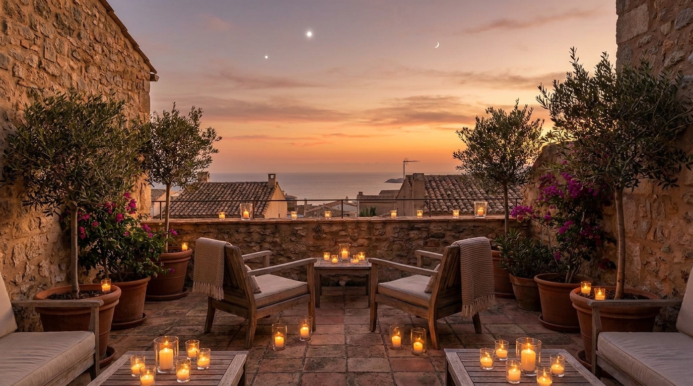 Terrasse méditerranéenne au crépuscule avec bougies et ciel étoilé