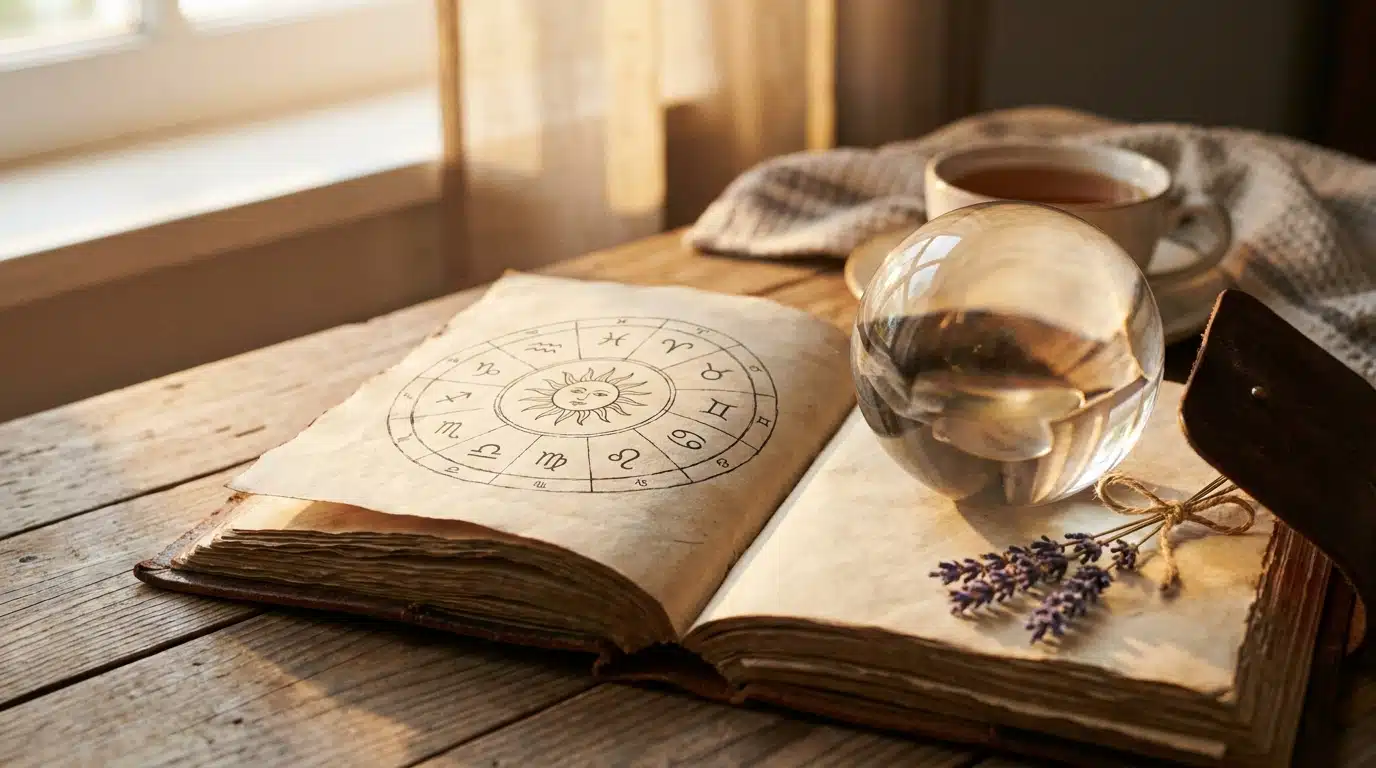 Livre d'astrologie ouvert sur une table en bois avec lavande
