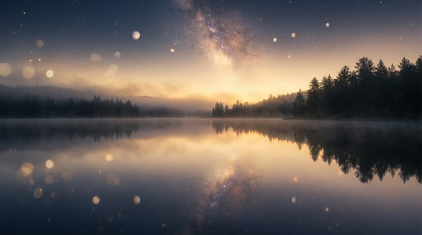 Ciel étoilé mystique reflété sur un lac calme