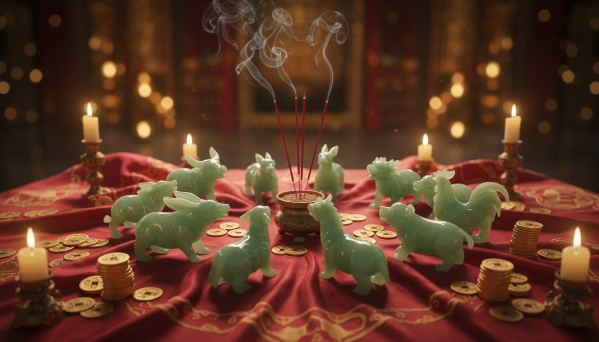 Astrologie chinoise 12 signes du zodiaque homme méditation animaux totem lumineux