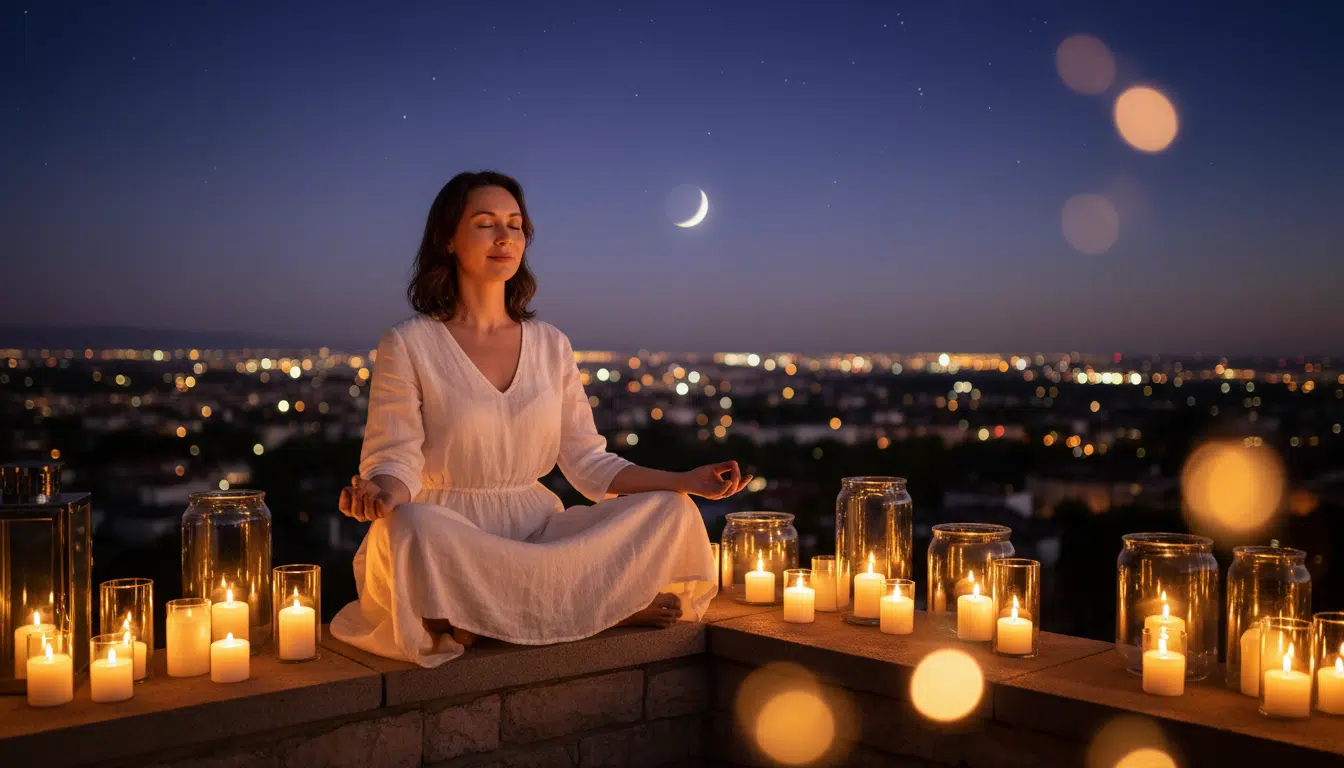 Femme méditant au crépuscule entourée de bougies dorées