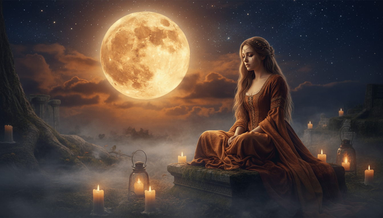 Femme contemplative sous la pleine lune en mai