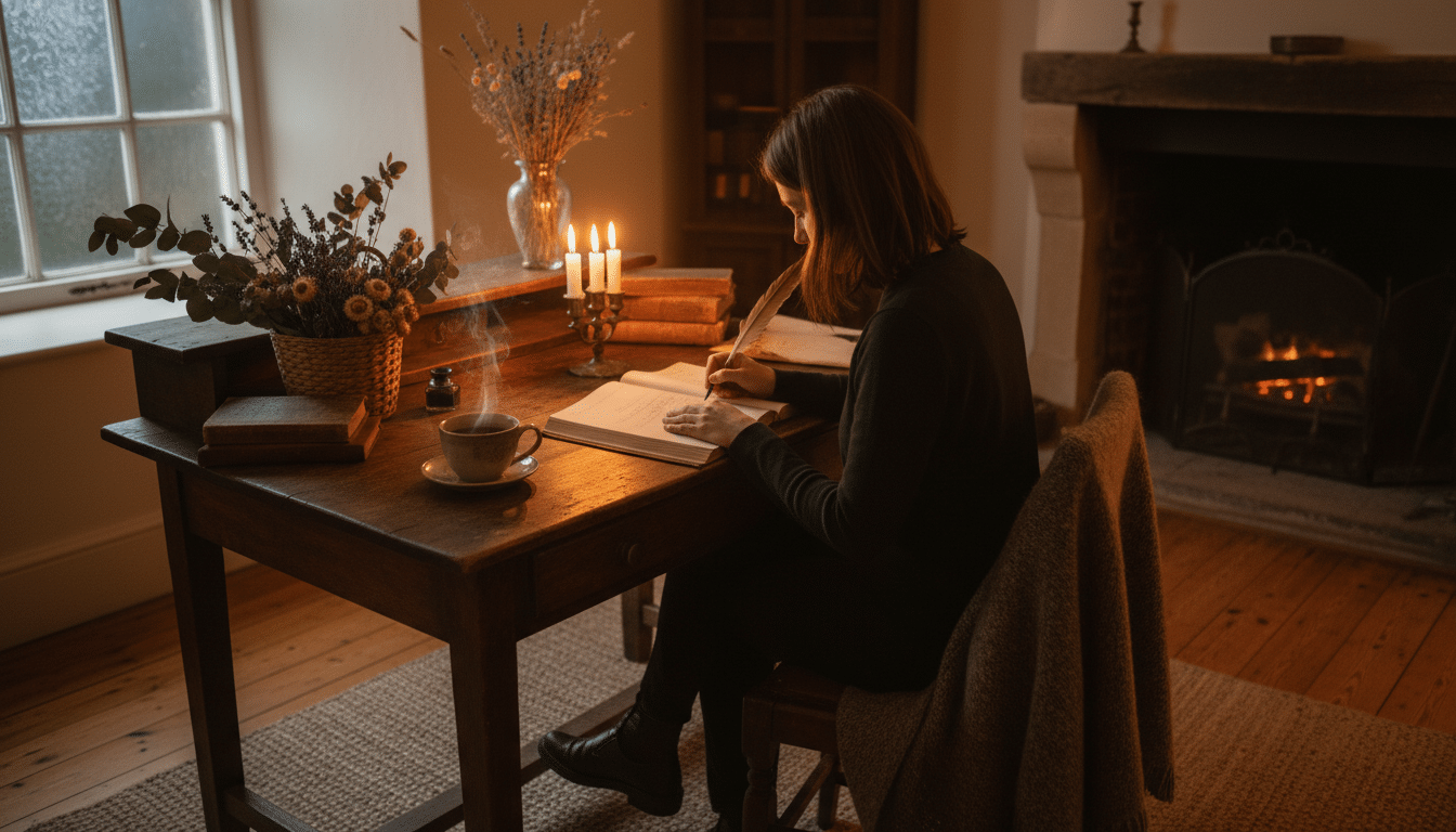 Personne écrivant dans un journal à la bougie