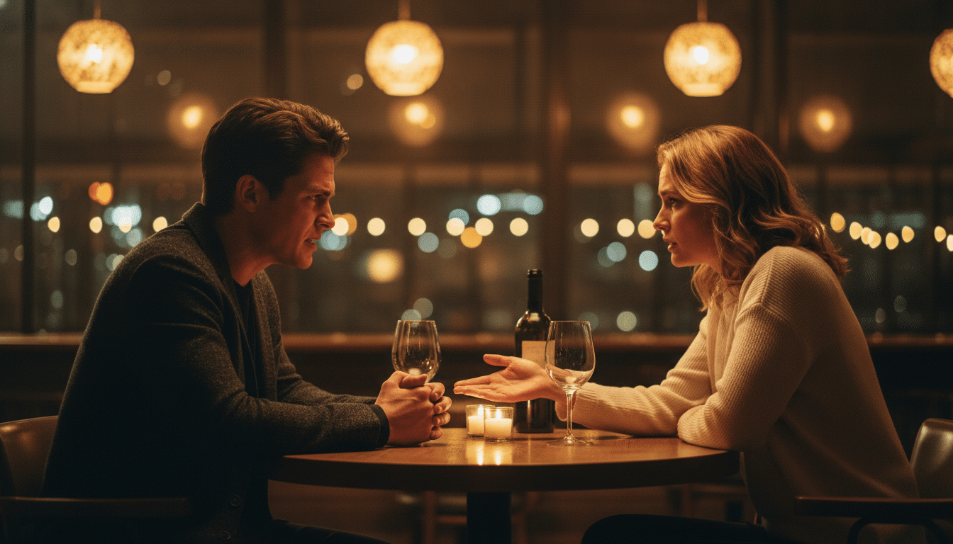 Couple en tension face à face dans une lumière tamisée