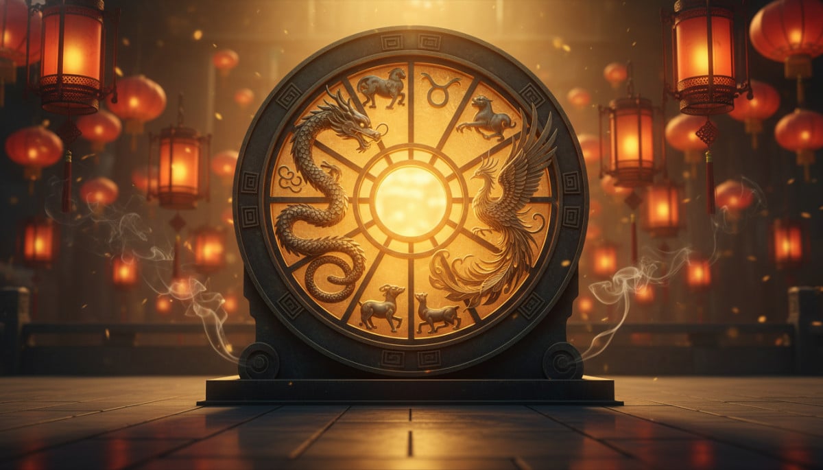 Astrologue chinoise en méditation entourée de symboles du zodiaque chinois lumineux