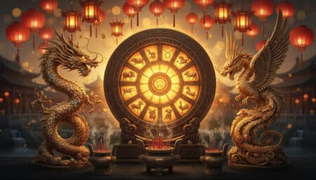 Astrologue chinoise tenant une boussole lumineuse entourée d'énergie cosmique dorée et argentée