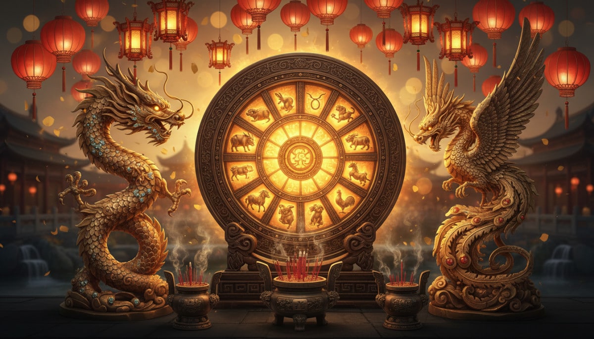 Astrologue chinoise tenant une boussole lumineuse entourée d'énergie cosmique dorée et argentée