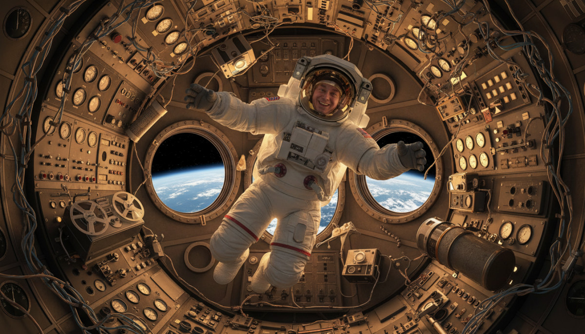 Astronaute en apesanteur tentant de se retourner dans une station spatiale