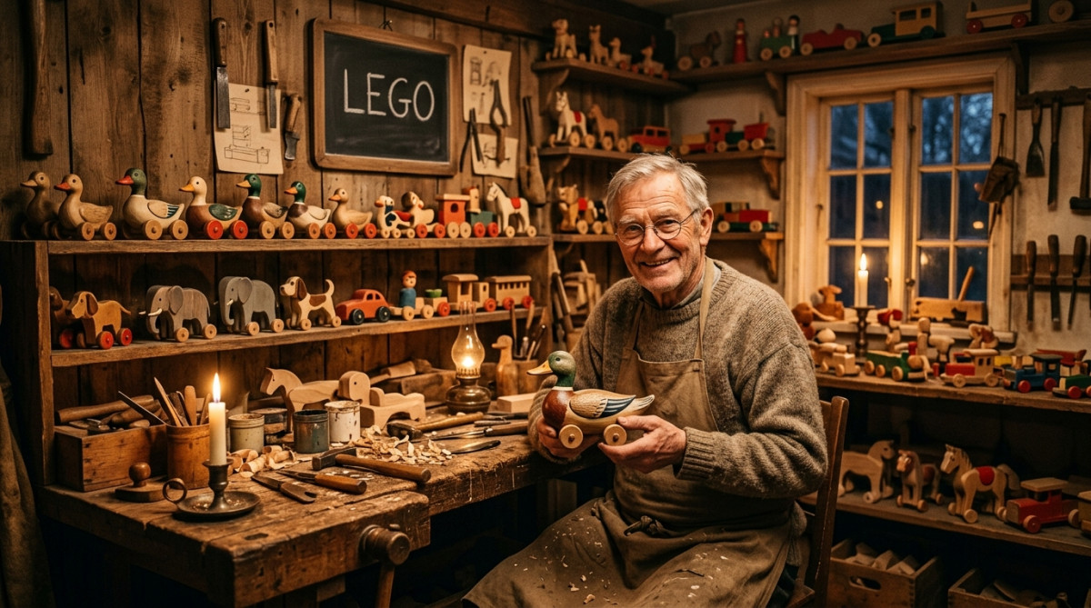 Atelier danois vintage avec jouets en bois et nom Lego