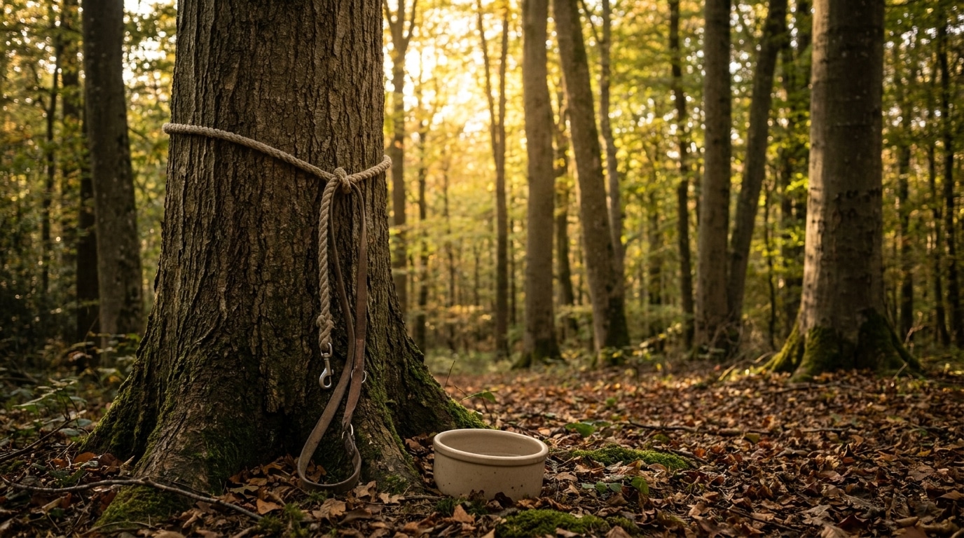 Laisse attachée à un tronc d'arbre en forêt