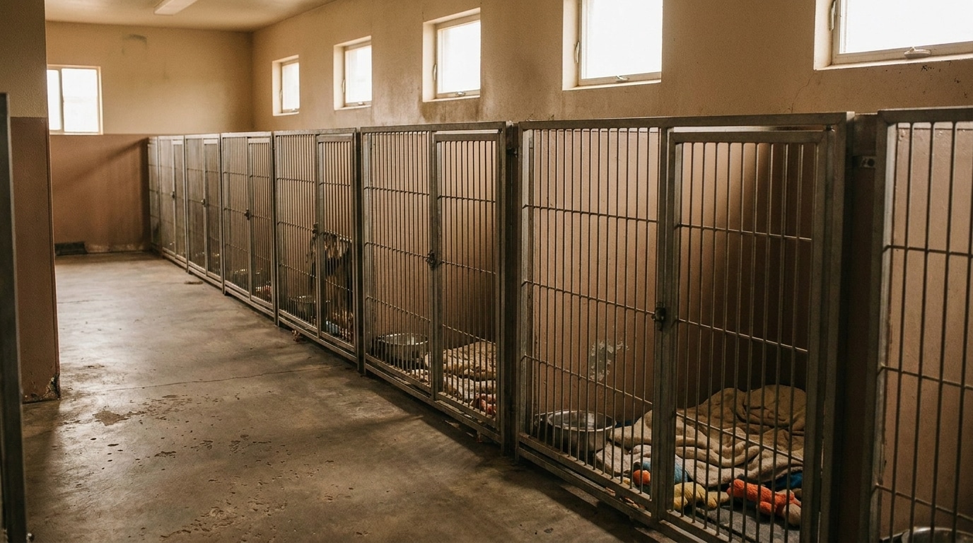 Couloir de chenils occupés dans un refuge animalier