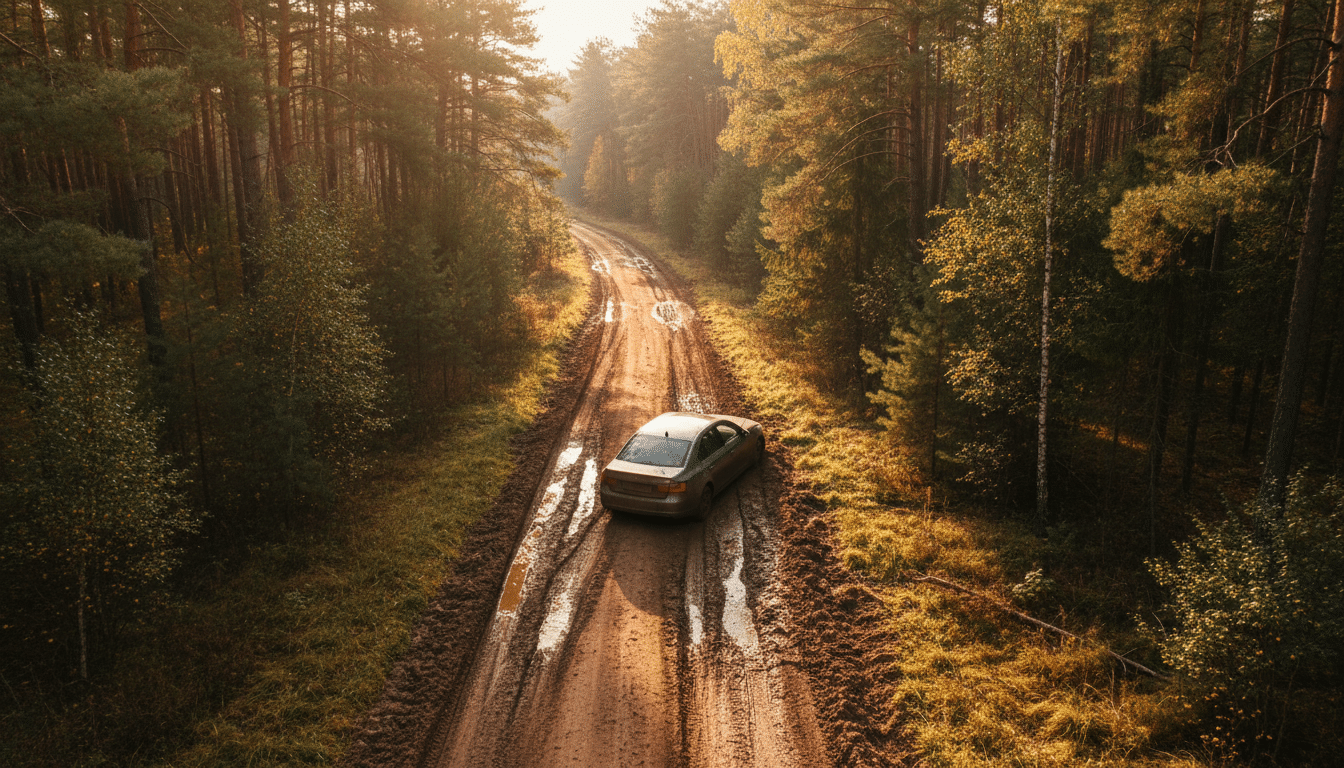 Voiture grise embourbée sur un chemin forestier du Brandebourg