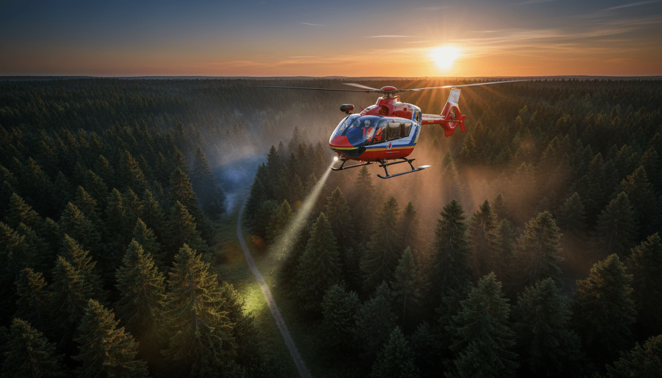 Hélicoptère de secours survolant une forêt lors des recherches