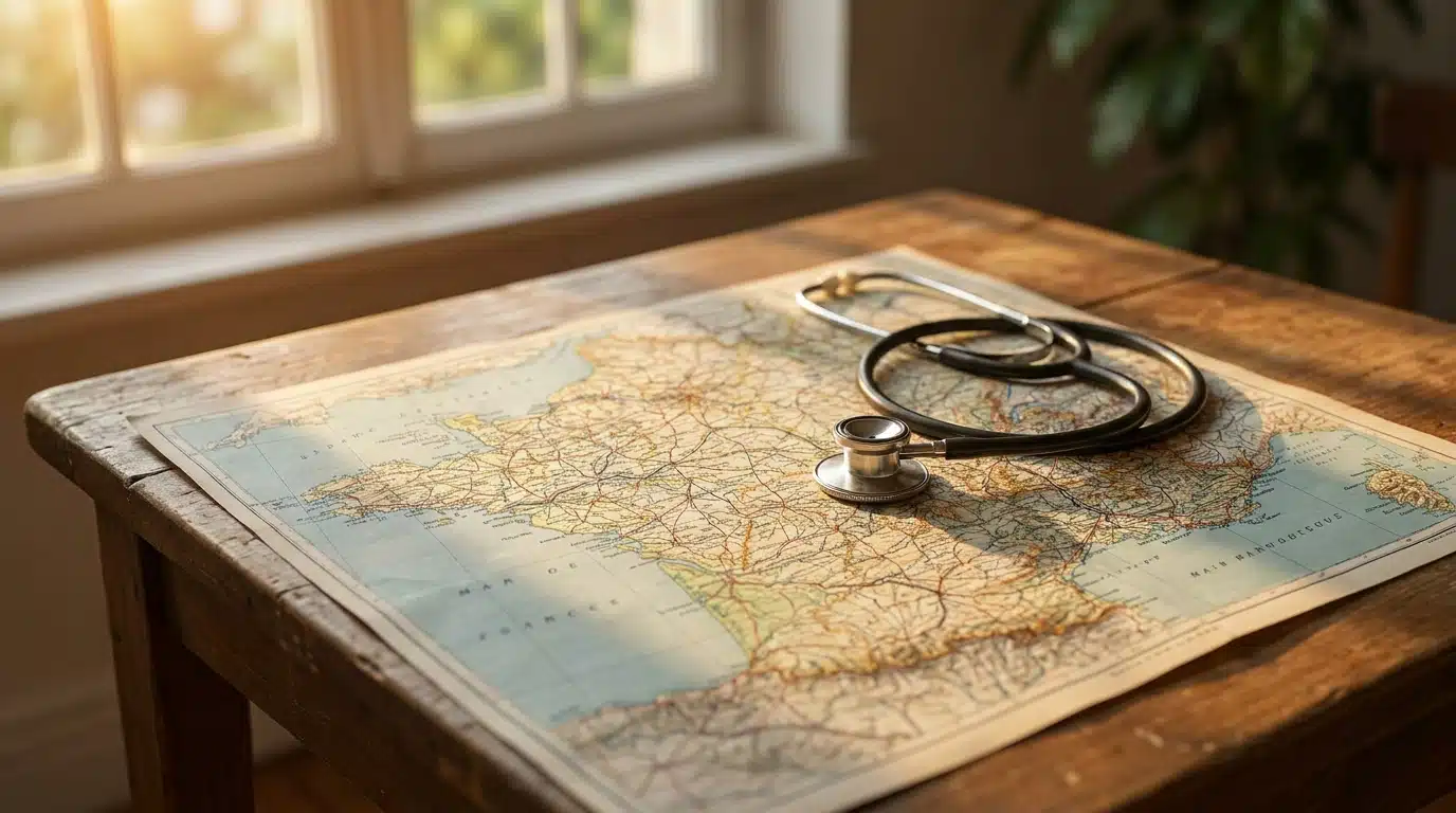 Stéthoscope posé sur une carte de la France rurale