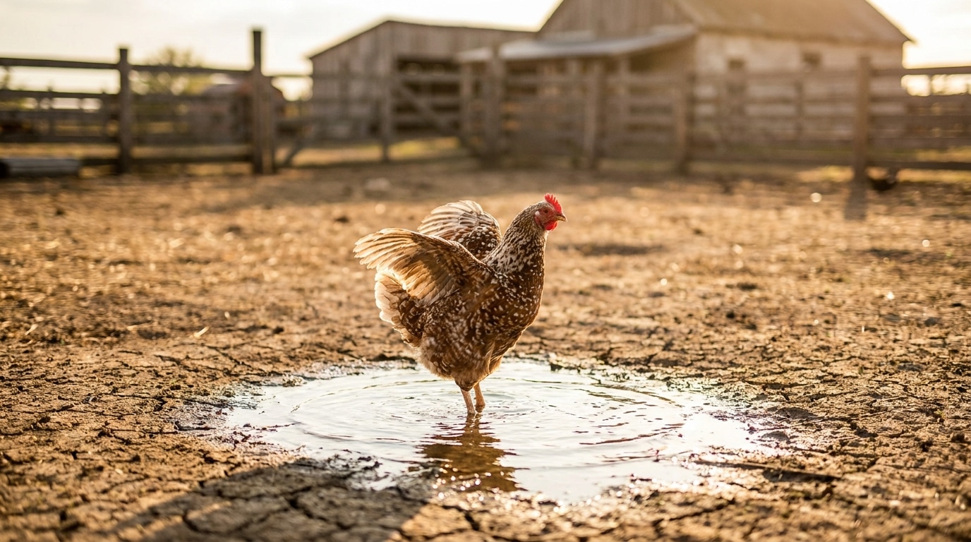 Poule debout dans une flaque d'eau fraîche en plein soleil