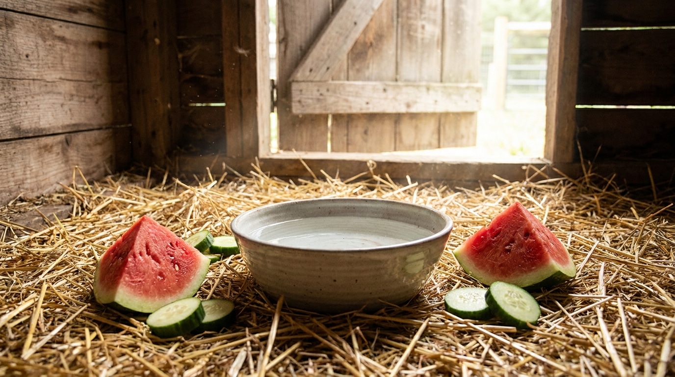 Abreuvoir et fruits frais dans un poulailler ouvert