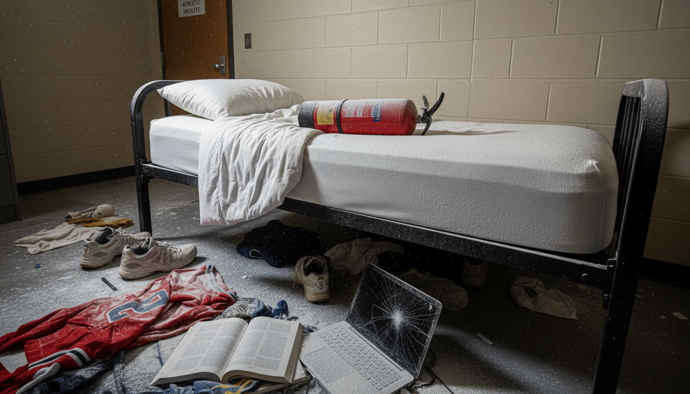 Extincteur vidé sur un lit recouvert de poudre blanche dans une chambre de centre d'entraînement