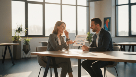 Salariée négociant une augmentation avec son manager au bureau