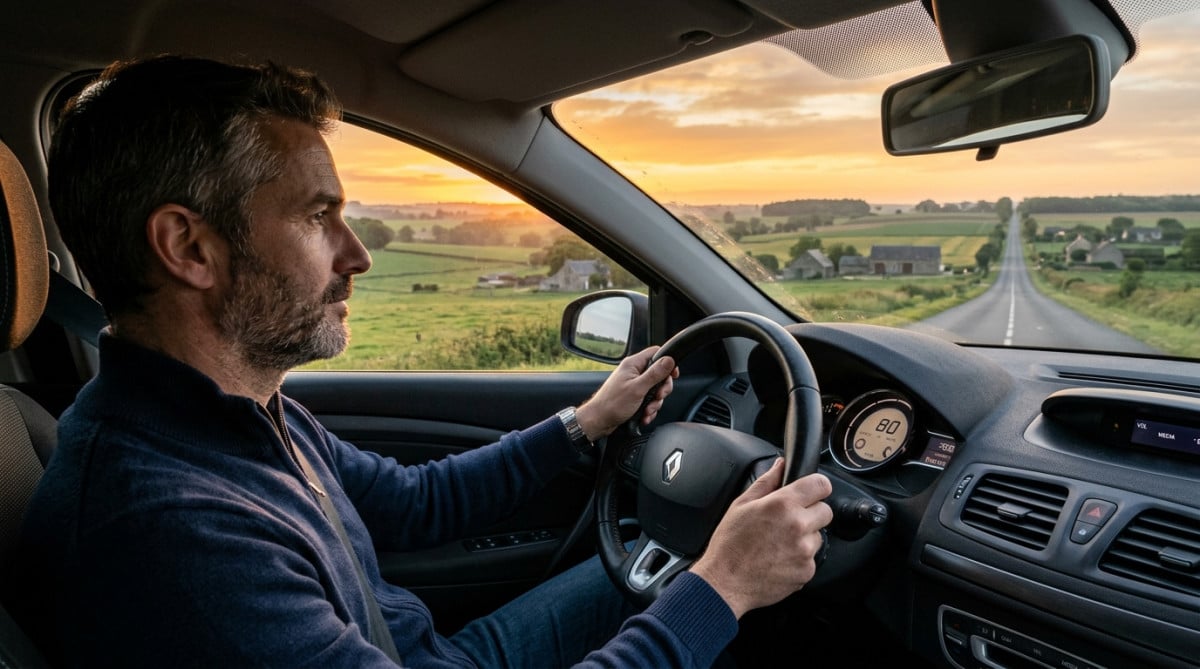 Automobiliste français sur une route de campagne au lever du soleil