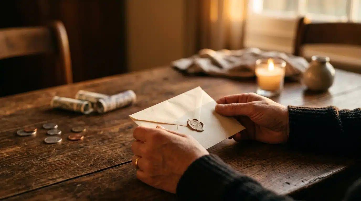Mains tenant une enveloppe entourée de pièces sous une lumière dorée