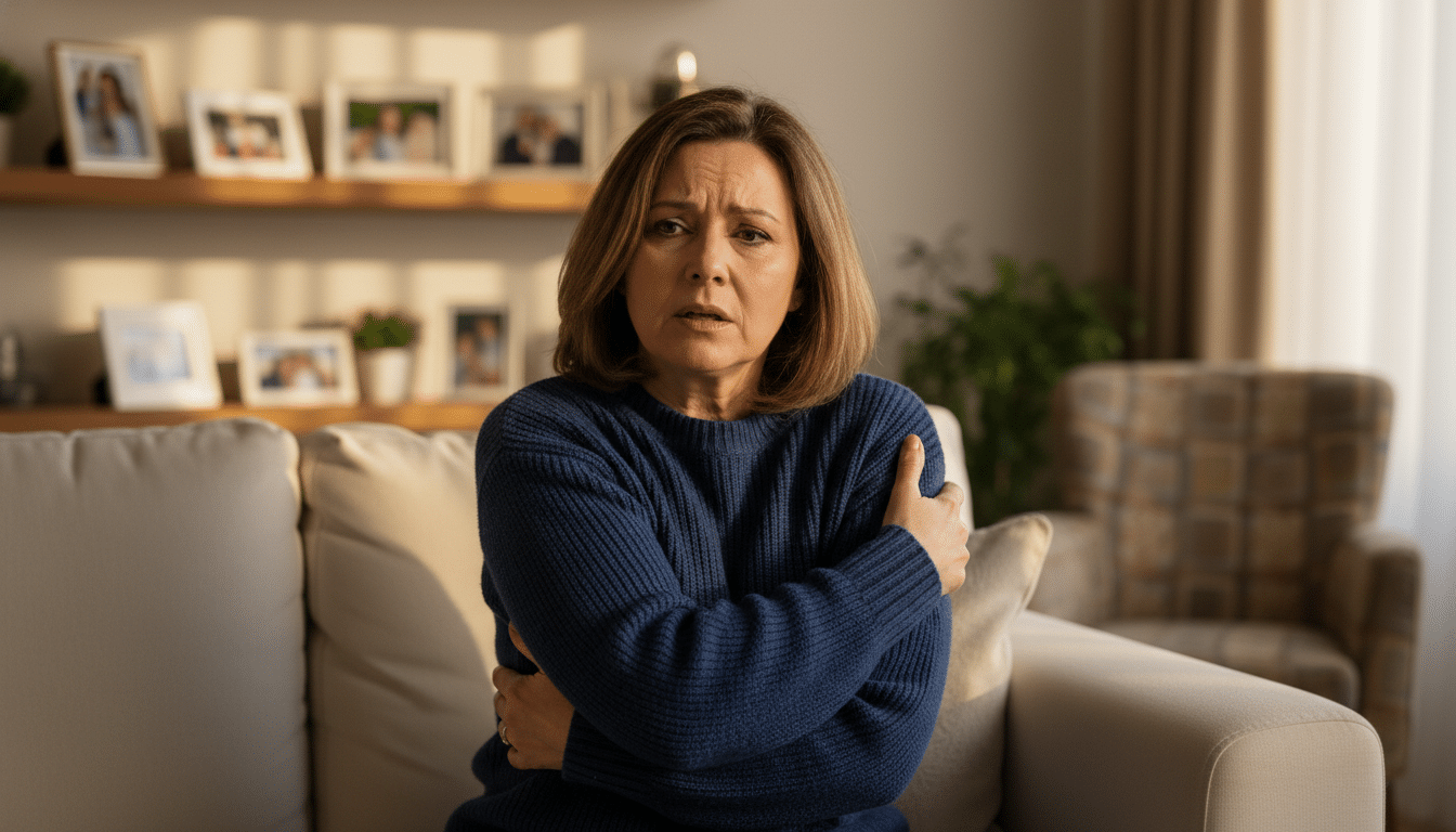 Femme inquiète tenant son bras après un symptôme soudain