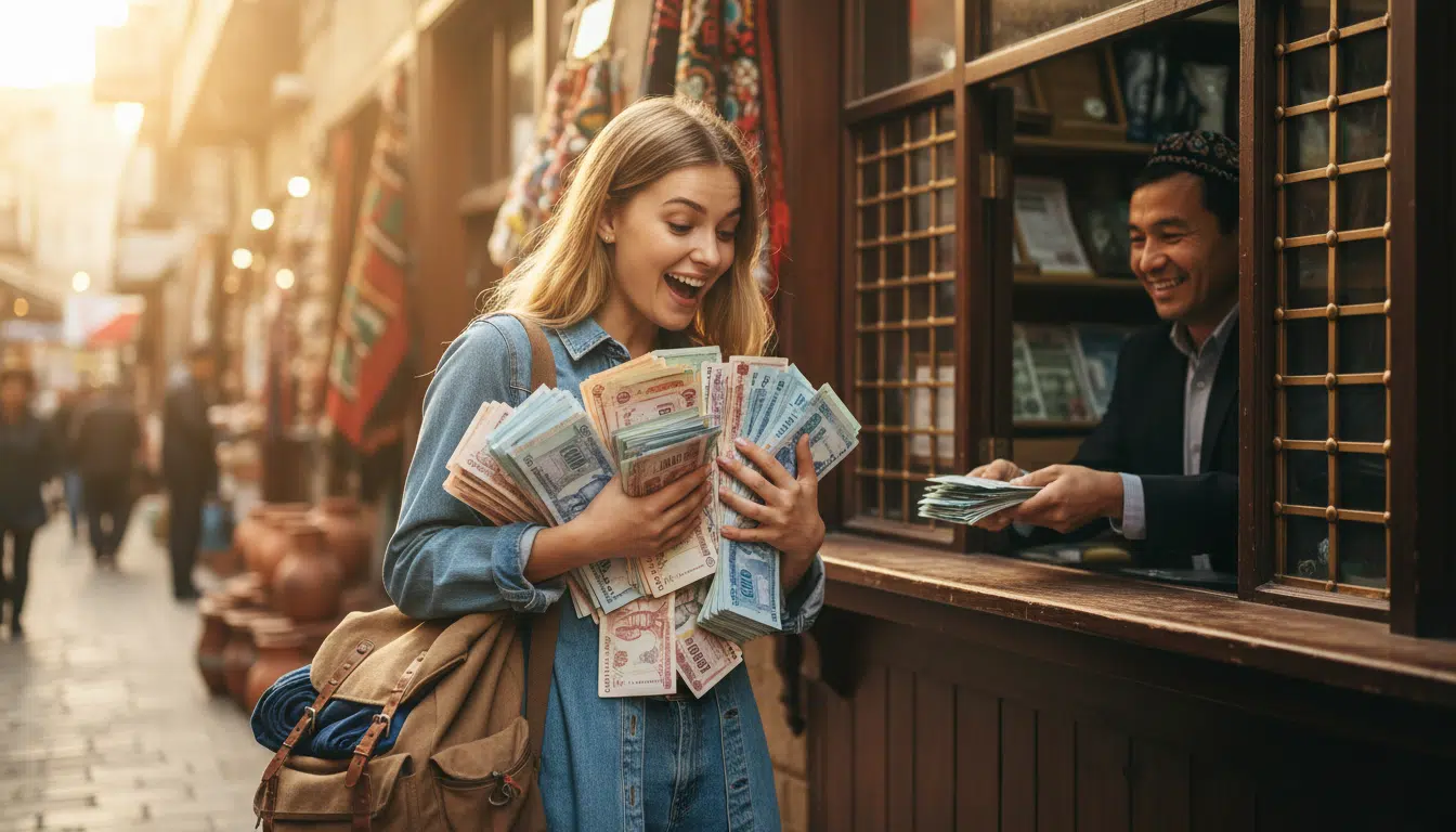 Voyageuse tenant des liasses de billets ouzbeks au bureau de change