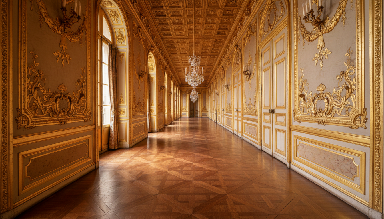 Couloir doré et silencieux d'un palais présidentiel français évoquant l'Élysée