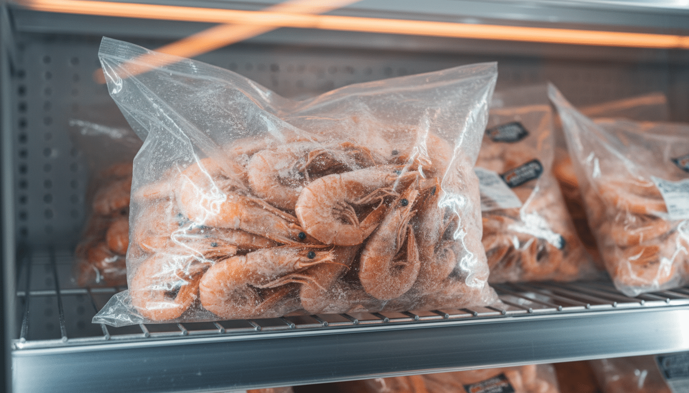 Sachet de crevettes surgelées dans un rayon de supermarché