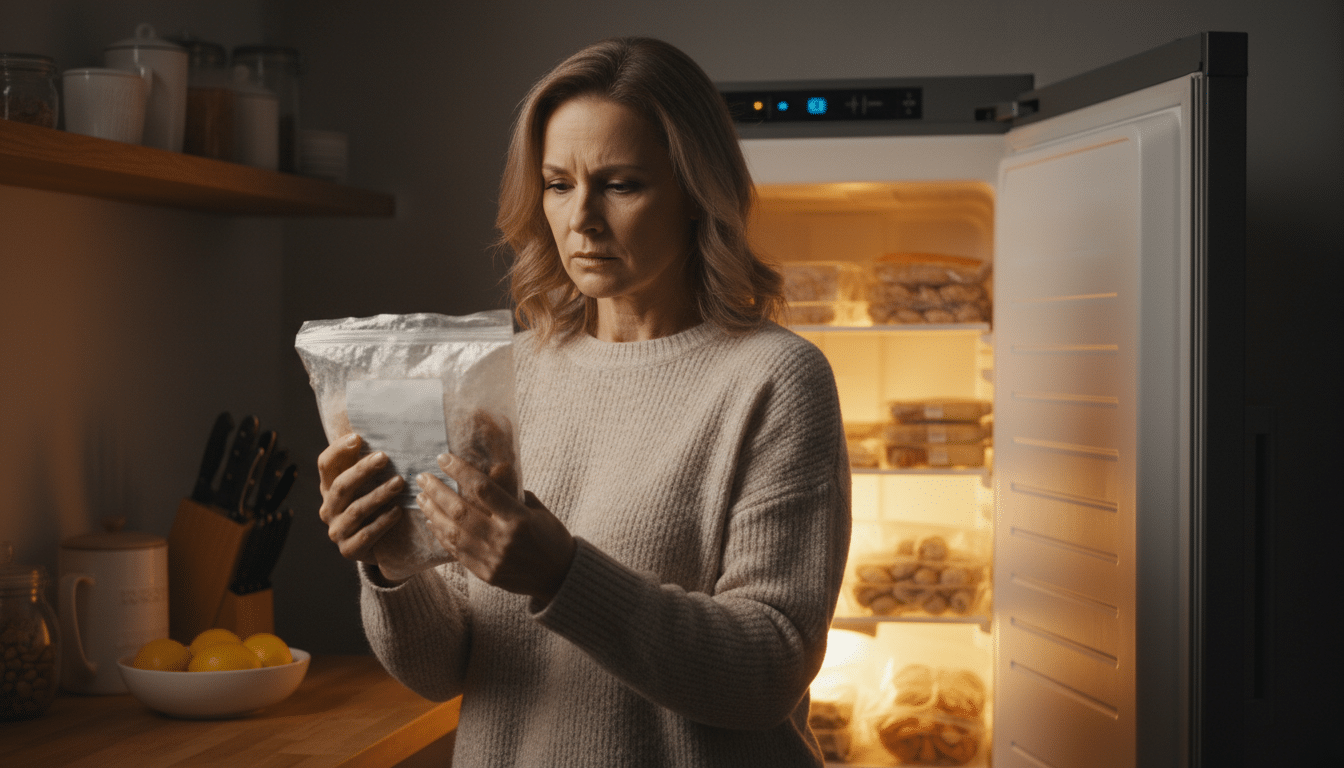 Femme vérifiant l'étiquette d'un sachet de fruits de mer surgelés