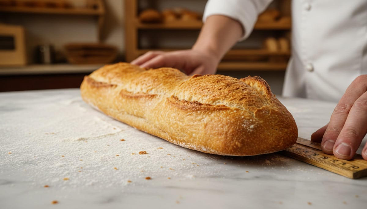 Baguette française mesurée sur un comptoir de boulangerie