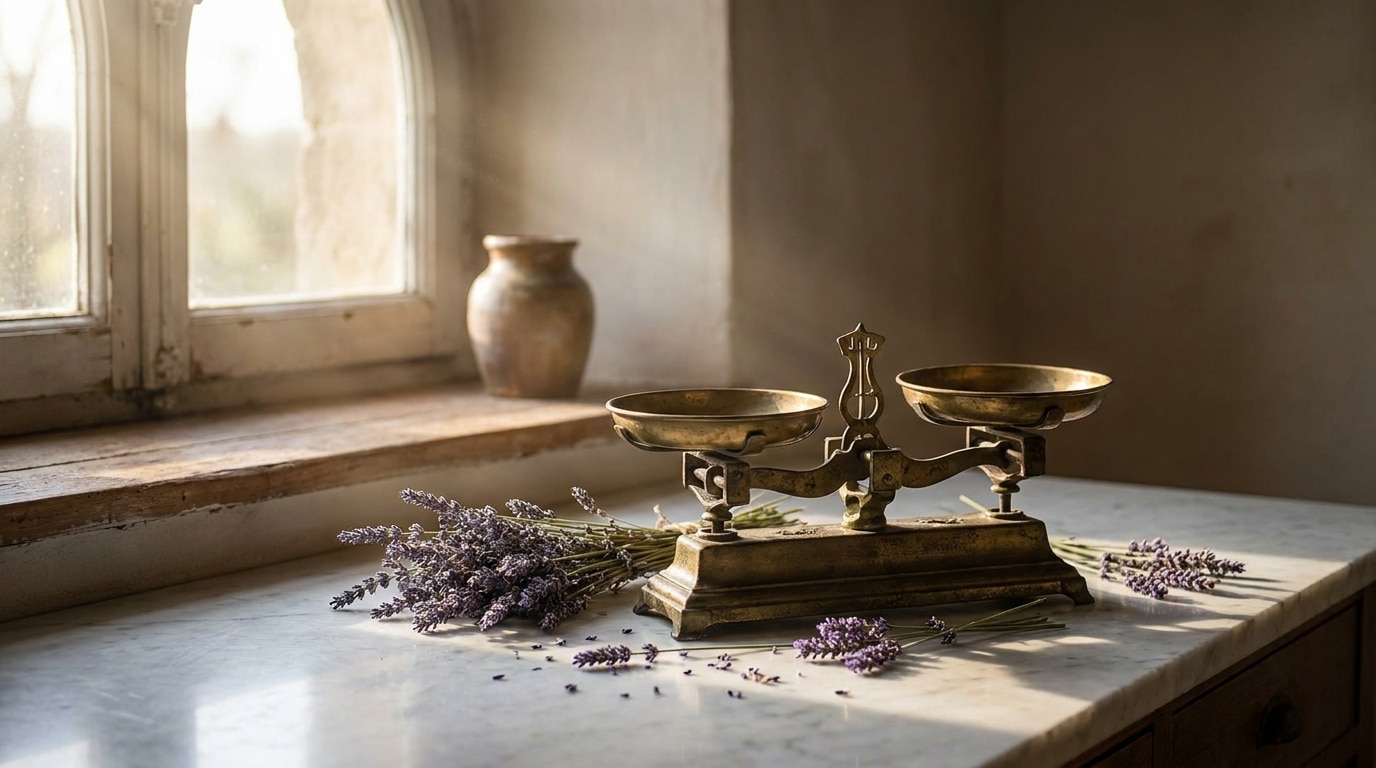 Balance en laiton ancien sur une surface en marbre éclairée