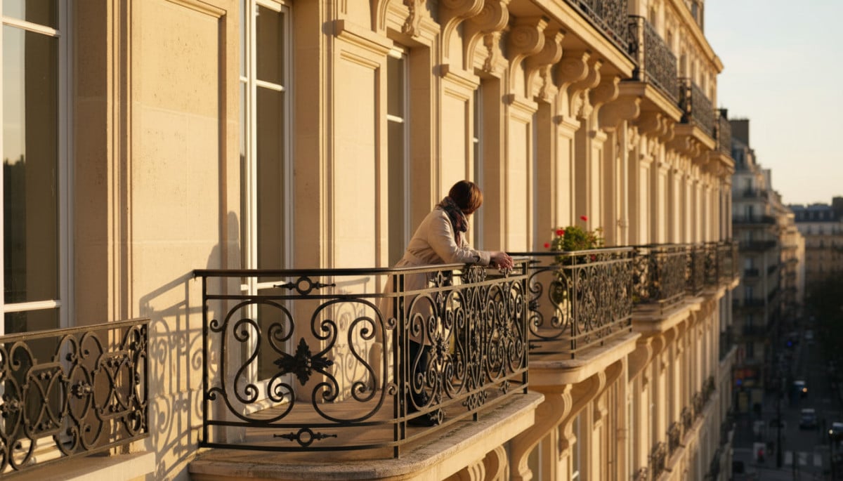 Balcon filant en fer forgé au deuxième étage d'un immeuble haussmannien