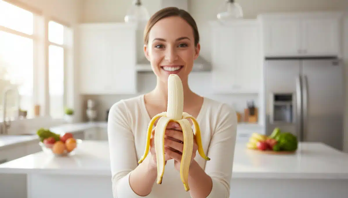 Banane épluchée proprement par le bas en deux languettes