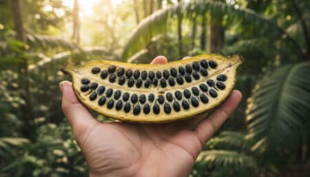 Banane sauvage coupée en deux révélant ses grosses graines