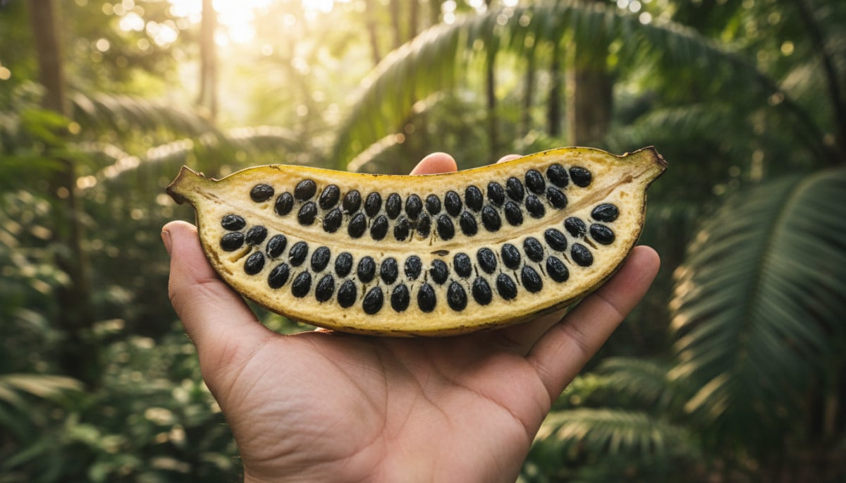 Banane sauvage coupée en deux révélant ses grosses graines