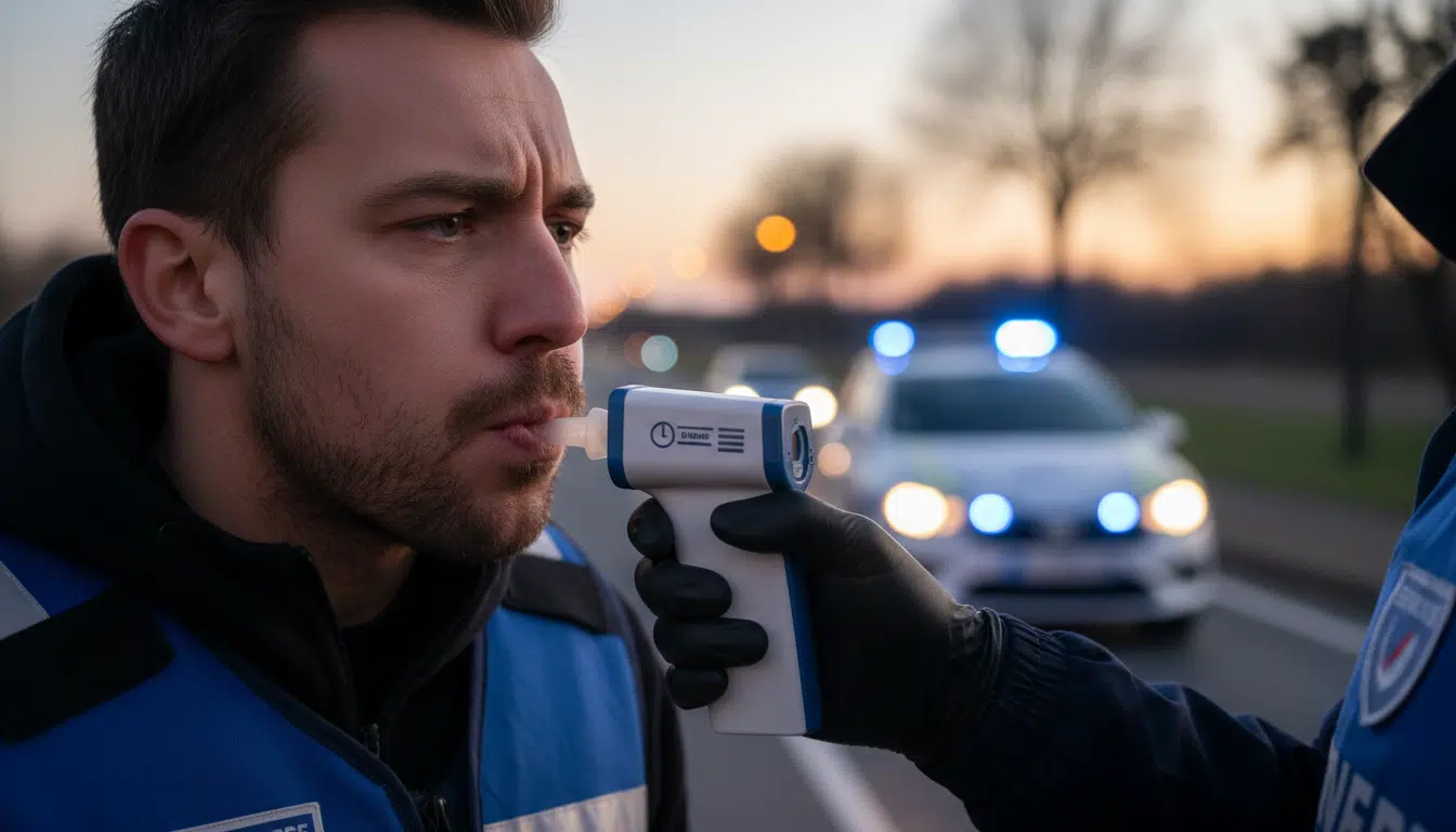 Conducteur soufflant dans un éthylotest lors d'un contrôle routier