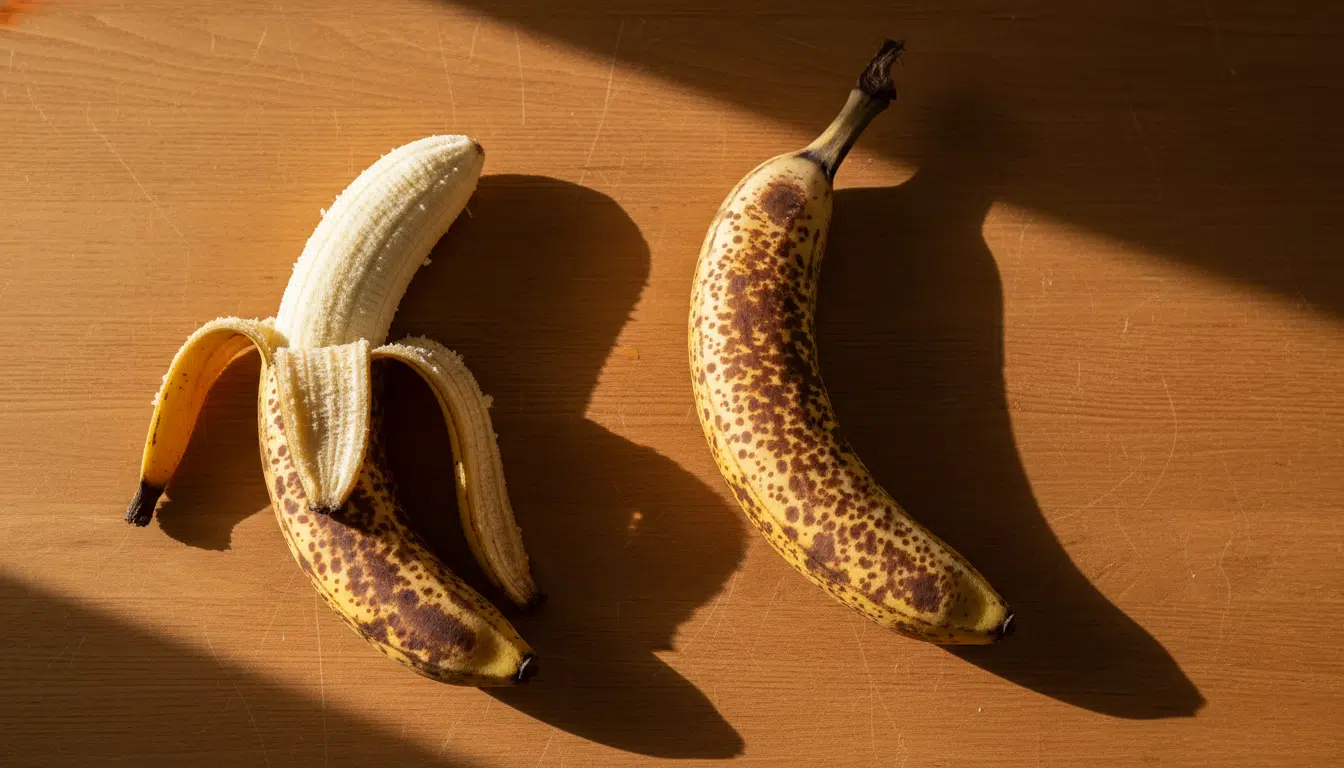 Bananes très mûres tachetées de brun sur une table