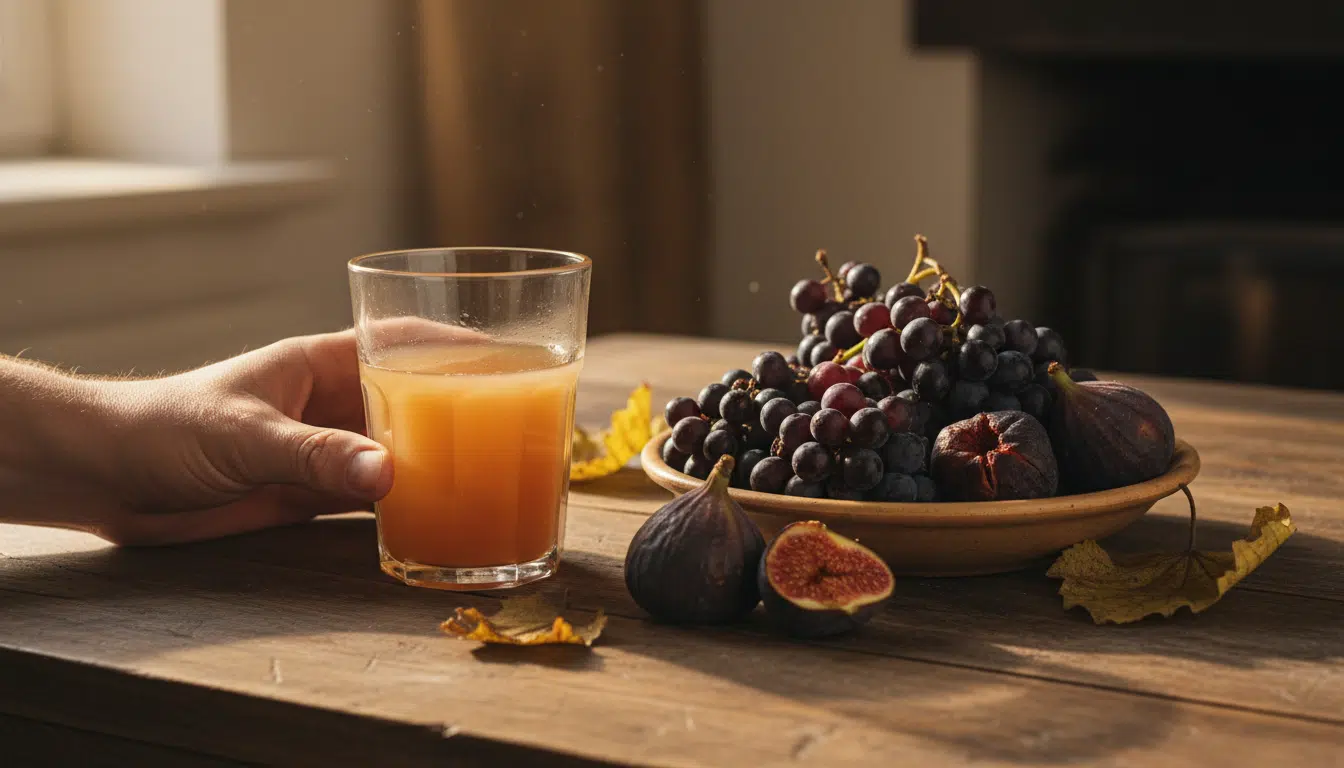 Jus de pomme non pasteurisé et fruits mûrs sur une table